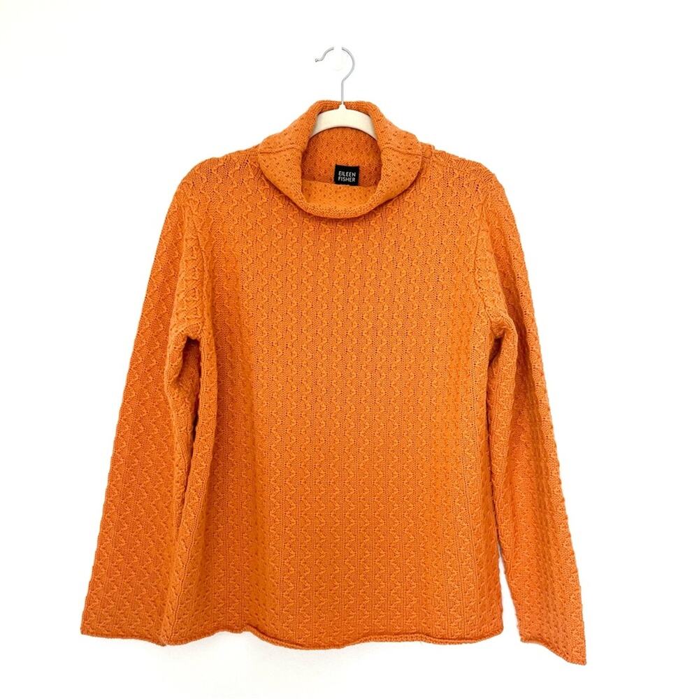 Eileen Fisher Orange Cable-Knit Cowl Neck Sweater